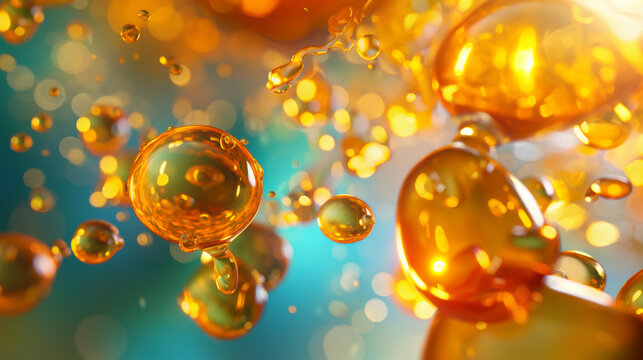 Mesmerizing image of golden oil bubbles floating in water with a wonderful blend of warm and cool colors making it visually captivating
