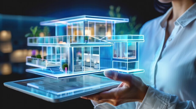 A design engineer holds a digital tablet on which a three-dimensional holographic projection of a modern house is displayed. Development of a house construction project - Powered by Adobe
