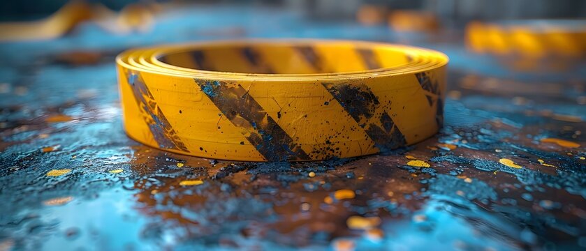 Chemical spill barrier tape marks safety zones for cleanup procedures ensuring containment and safety. Concept Safety Zone, Chemical Spill, Cleanup Procedures, Containment, Barrier Tape