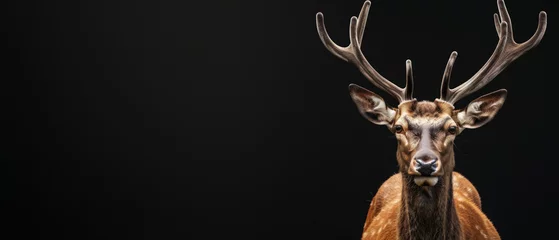 Foto op Aluminium A majestic deer stands against a black backdrop with its face obscured, highlighting its impressive antlers © Fxquadro
