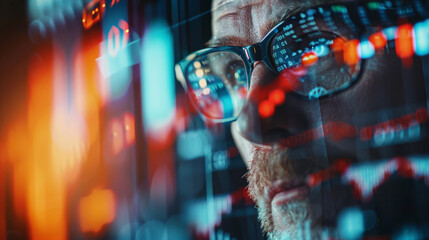 Businessman analyzing holographic data streams of stocks, close-up with a focus on detail, against a shadowy backdrop