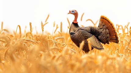  A plump turkey strutting proudly amidst a field of golden wheat against a solid white background
 - obrazy, fototapety, plakaty