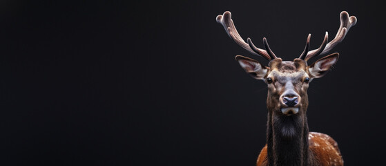 A curious deer with impressive antlers stands out against a dark background, evoking a sense of wonder