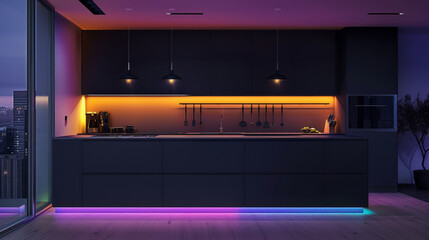 A dark, modern kitchen with colorful, ambient lighting under the cabinets - obrazy, fototapety, plakaty