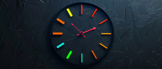 A dark, minimalist clock face with vibrant, colorful hands ticking - obrazy, fototapety, plakaty