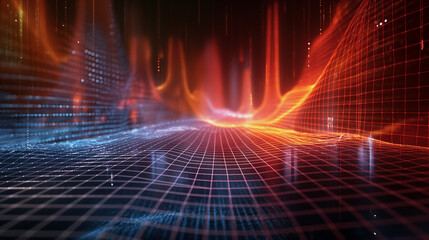 Red and orange abstract digital wave illustrating high-speed data or futuristic technology on a grid background