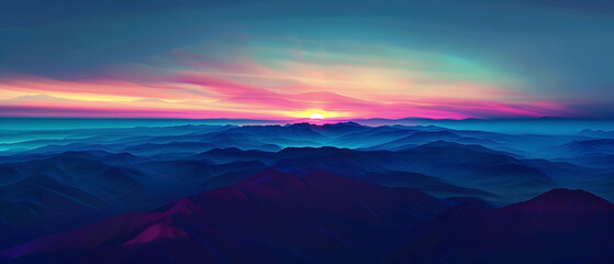 A dark, panoramic view of a mountain range with a vivid, sunrise horizon