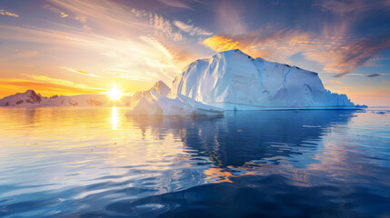 A large melting iceberg is reflected in the sea on a warm sunny day in the rays of the hot sun, global warming concept