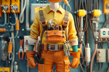 Fototapeta premium Technician character with tool belt in front of electrical panels