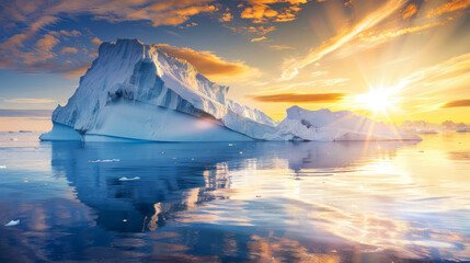 A large melting iceberg is reflected in the sea on a warm sunny day in the rays of the hot sun, global warming concept