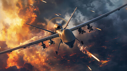 A dramatic image of a military drone soaring through a sky ablaze with fire and smoke, symbolizing conflict and technology