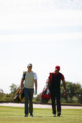 Smile, friends and men walking on golf course with golfing bag for training, health and teamwork....