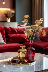 Fototapeta na wymiar Interior Design Living Room Background in Ruby Golden Red - Luxury Living Room Design - Amazing Living Room Background in the Gold Ruby Ruby Style created with Generative AI Technology