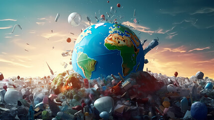 Globe on Pile of Plastic Waste - obrazy, fototapety, plakaty