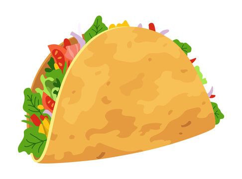 Taco with ingredients tortilla, leaves lettuce, cheese and tomato. Traditional mexican fast-food. Mexico food design element for menu, advertising. cartoon illustration