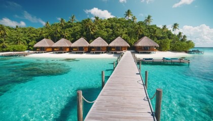 Luxurious overwater bungalows stretching into the turquoise sea of a secluded tropical island with...