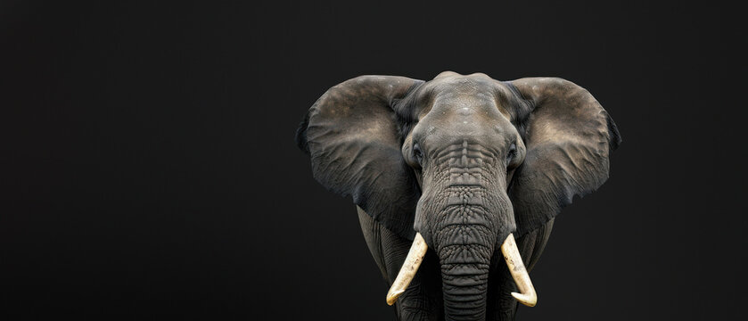 Frontal view of a powerful African elephant with large tusks against a dark background emphasizing its grandeur and details