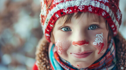 Obraz premium Little cute girl with Christmas face painting with snow in winter.