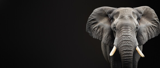 Fototapeta na wymiar Showcasing the African elephant, this image focuses on the trunk and tusks against a black backdrop