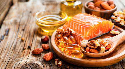 Fototapeta premium Fish oil capsules with omega 3 and fresh fish on wooden background.