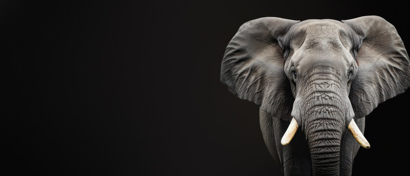 Showcasing the African elephant, this image focuses on the trunk and tusks against a black backdrop