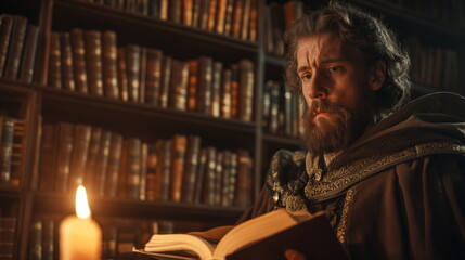 bearded wizard in red robes examines a book amid shelves of tomes - obrazy, fototapety, plakaty