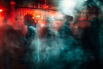 Silhouettes of people in a night club with lights and smoke. Crowd of people dancing in the nightclub