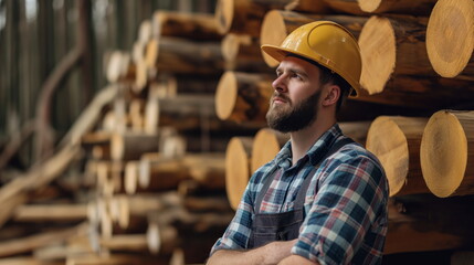 man wearing a hard hat stands in front of neatly arranged stacks of logs at a lumberyard - Powered by Adobe