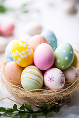 Fototapeta na wymiar Easter card with colorful eggs in a nest, Happy Easter concept with space for text