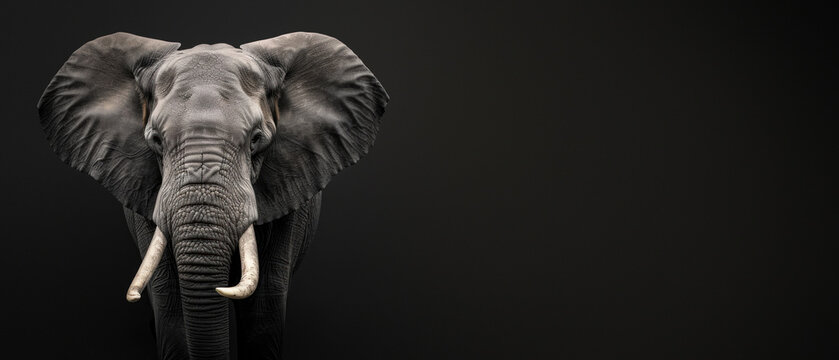 The image shows a powerful frontal view of an elephant's face and trunk, set against a deep black background for contrast