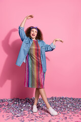 Full length vertical photo of dreamy adorable lady dressed denim outfit having fun isolated pink...