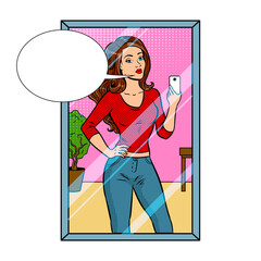 Girl is making selfie in the mirror pop art PNG