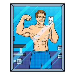 Body builder makes selfie in the mirror pop art