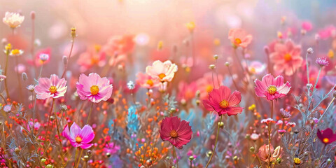 Blooming field of pink flowers under the radiant sun in the center of the meadow