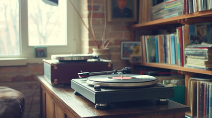 Vintage Vinyl Records and Classic Turntable in Hipster Apartment, Retro Revival