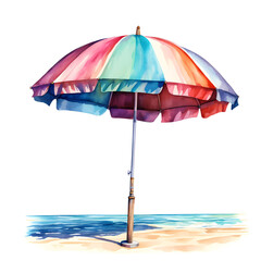 Striped beach umbrella on sandy shore with watercolor effect