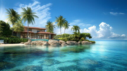 Fototapeta premium Luxury villa nestled on a private island surrounded by turquoise sea