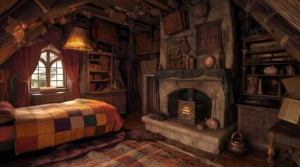Fototapeta na wymiar Warm and inviting room featuring a lit fireplace, comfortable bedding, and antique furnishings