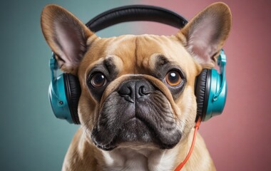 Fawn French Bulldog wearing headphones on pink background