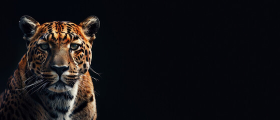 Headshot of a Jaguar against a black backdrop, emanating a dignified serenity and focus - obrazy, fototapety, plakaty