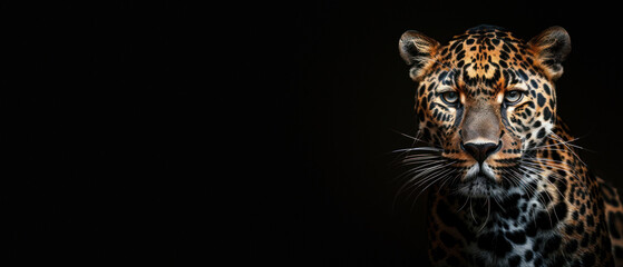 High-quality photo depicting a jaguar's intense stare, accentuated by the use of a high-contrast black backdrop - obrazy, fototapety, plakaty