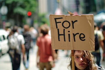 Close-up of a 'For Hire' sign in a crowd