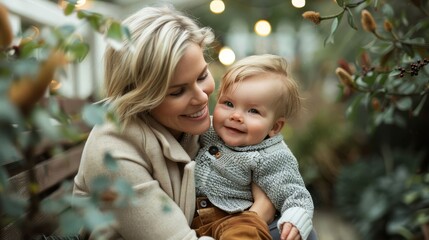 Obraz premium happy blonde woman holding her smiling baby boy in her arms. parenthood, love and happiness