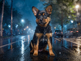 Kleiner Hund alleine auf der Straße - obrazy, fototapety, plakaty