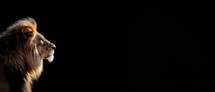 The profile of an African lion is artfully captured, commanding attention against an infinite black background suggestive of space and mystery