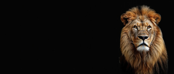 Detailed close-up of a lion’s face shows the depth in its eyes and an aura of regal command over its domain on black