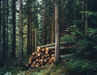 Harvested logs stacked in a serene forest landscape