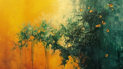 Contemporary abstract painting featuring floral patterns in a vibrant yellow and green color scheme.