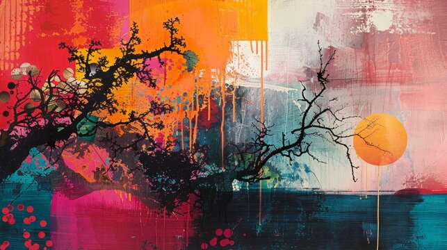 Vibrant abstract painting featuring silhouetted trees against a multi-colored backdrop with a stylized sun.