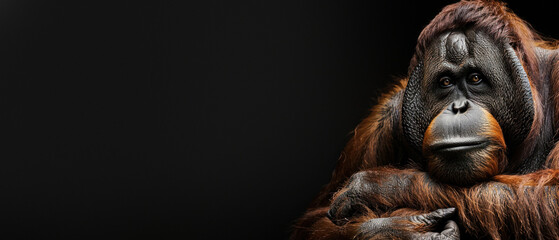 A captivating portrait of an orangutan in contemplation, its thoughtful expression against a dark, somber background invites us to pause and reflect